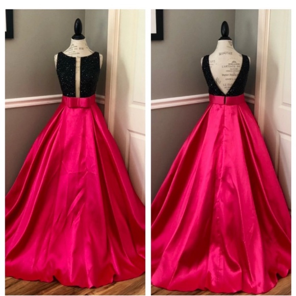 NEW JOVANI SZ 10 BLACK BEAD NUDE ILLUSION FUCHSIA FORMAL BALL GOWN WITH POCKETS - Picture 3 of 8